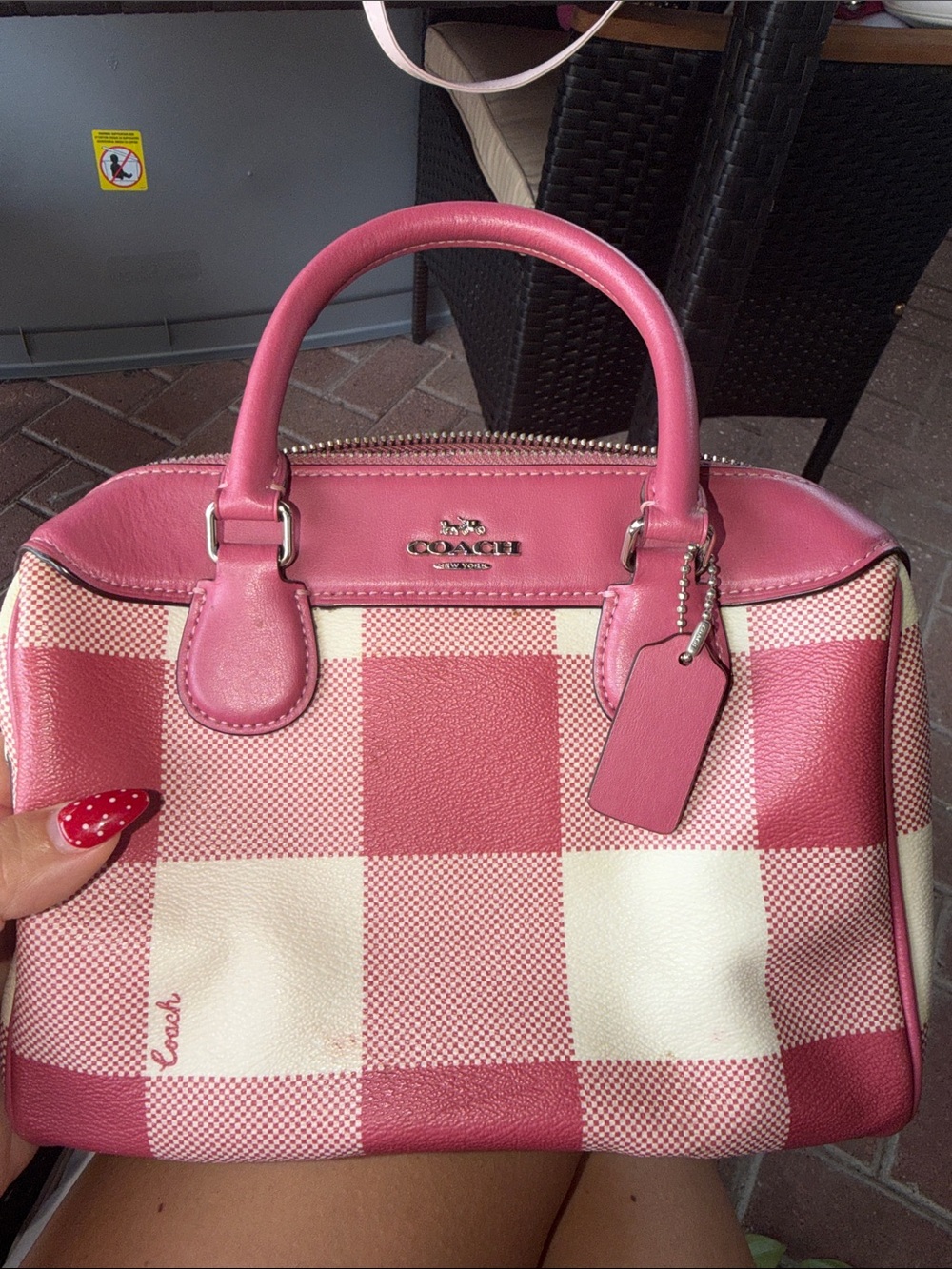 Coach Pink and Cream Checkered Leather Satchel